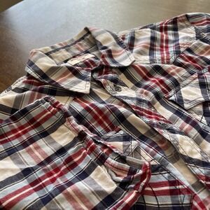 True Religion Plaid Shirt Men's L Western Button Short Sleeve Embroidered
